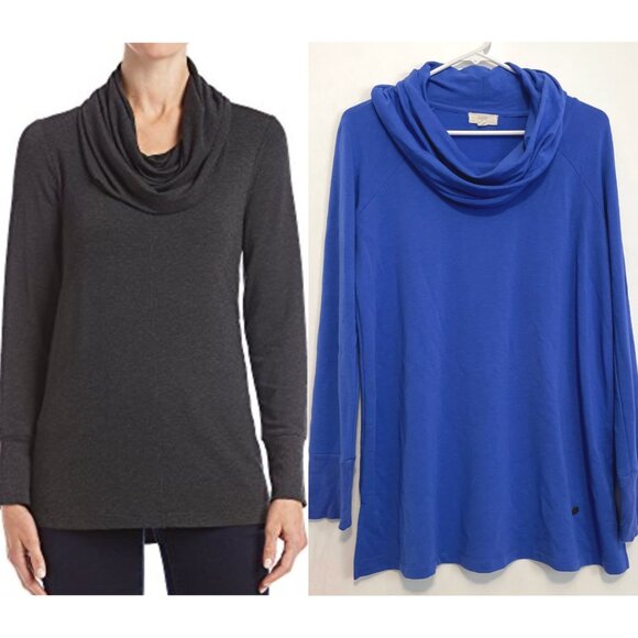 CUPIO Royal Blue Mixed Media Long Sleeve Cowl Neck Funnel Neck Boho Tunic Top M - Picture 1 of 16